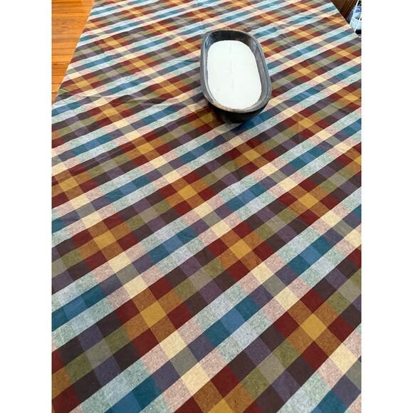 ZARA Home Checked Cotton Linen Tablecloth Maroon Olive Blue Multi - Picture 3 of 6